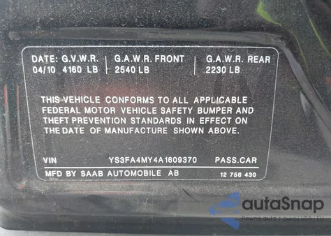 2010 Saab 9-3 z USA, uszkodzony, nr VIN YS3FA4MY4A1609370